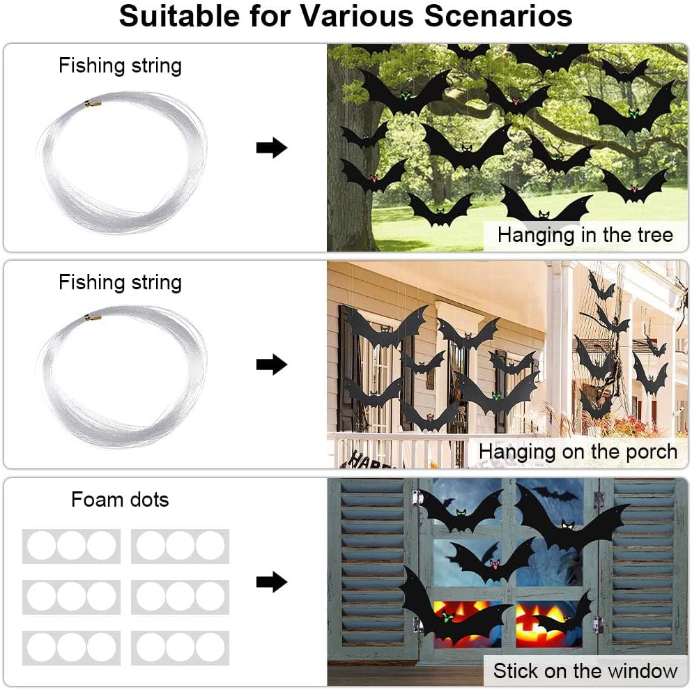 (18 Pcs) Hanging Bats Halloween Decoration Outside, Large Flying Plastic Bats Outdoor Decor, 3 Different Sizes with Cute Eye Stickers for Hanging in The Tree, Porch, Yard, Lawn, Indoor