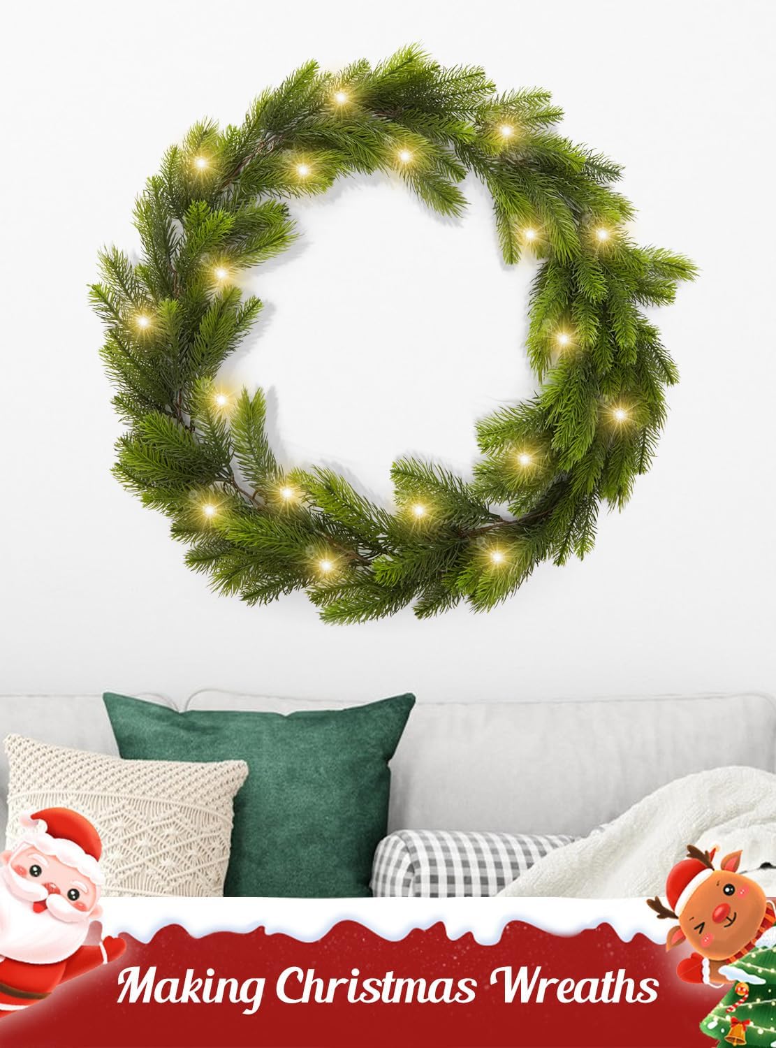 9FT Real Touch Norfolk Pine Garland Christmas with Light Winter Artificial Faux Greenery Garland Table Mantle Stairs Fireplace Wall Decor Outdoor Indoor Porch Home Decorations (Battery Not Included)