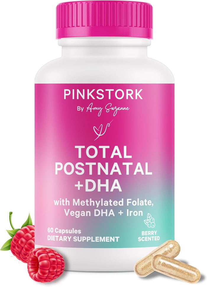 Pink Stork Total Postnatal Vitamins for Women – Berry Flavored Postpartum Multivitamin with Vegan DHA, Iron, Folate, B12 & Nutrients – Breastfeeding Support & Daily Wellness – 1 Month Supply