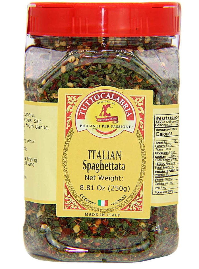 TUTTOCALABRIA Spaghetti Sauce Seasoning, Spicy Italian Spaghettata, Product of Italy, Add oil to pan, heat, mix in seasoning, and then toss with your favorite pasta, 250g