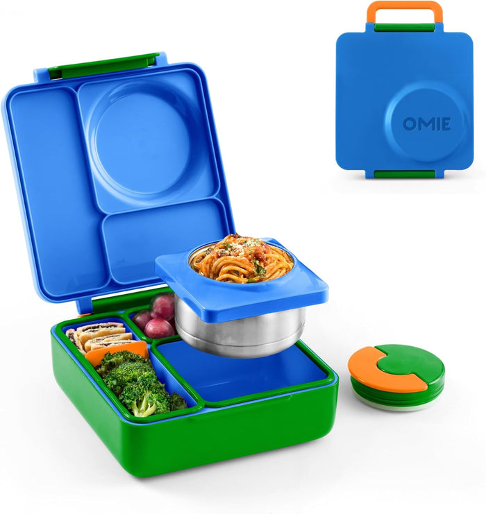 OmieBox Bento Box for Kids - Insulated Bento Lunch Box with Leak Proof Vacuum Insulated Food Jar - 3 Compartments, Two Temperature Zones (Blue Sky)