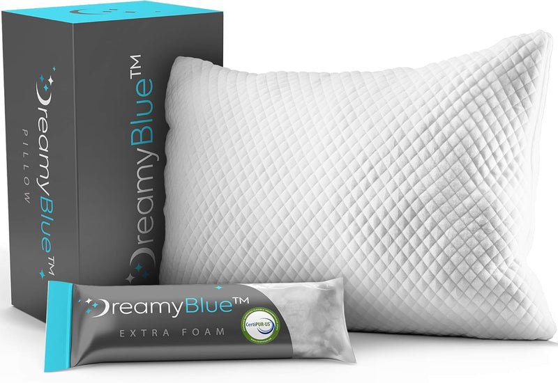 DreamyBlue Signature Pillow w/Adjustable Loft • Shredded Memory Foam Fill • Neutral Alignment for Side, Back, and Stomach Sleepers • Washable Bamboo Rayon Cover • CertiPUR-US Certified Foam (Queen)