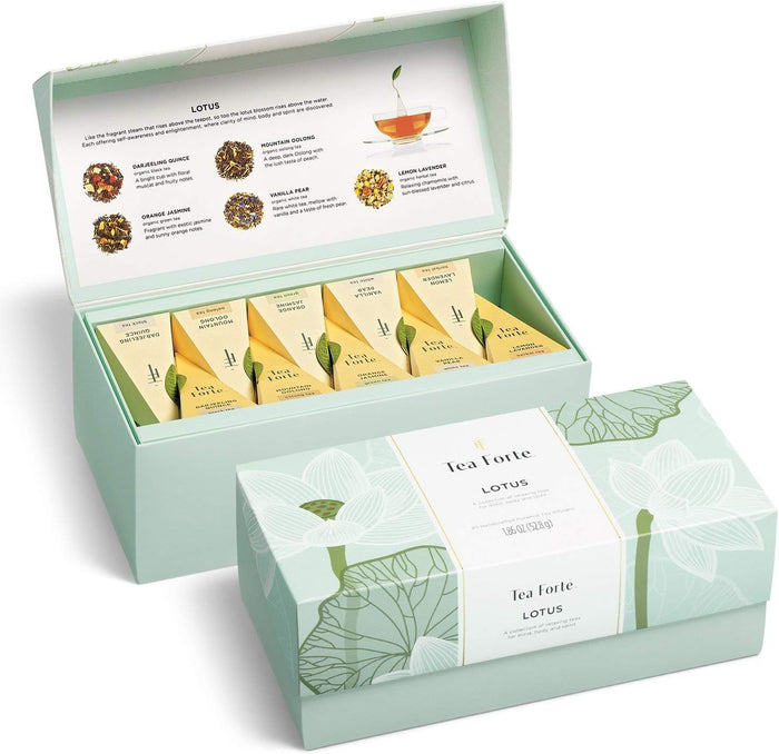 Tea Forte Tea Sampler Presentation Box, 20 Assorted Handcrafted Pyramid Tea Infuser Bags, Tea Tasting Assortment: Black, White, Green, Herbal