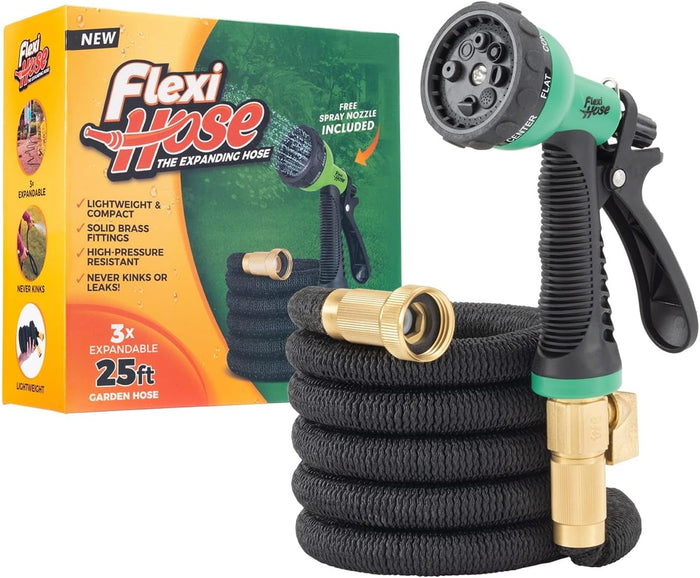 Flexi Hose Expandable Garden Hose with 8 Function Nozzle, 100FT - Lightweight Retractable Garden Hose, Water Hose - No-Kink Flexibility, 3/4 Inch Solid Brass Fittings and Double Latex Core