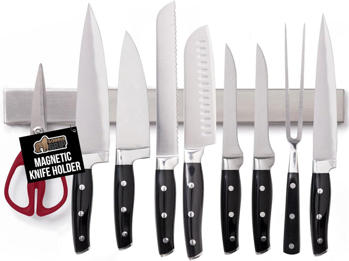 GORILLA GRIP Stainless Steel Magnetic Knife Holder for Wall, Multi-Purpose Magnet Bar for Knives, Tools, Art Supplies, Heavy Duty Strip Holds Up to 6 lbs, Kitchen Organizer, Drilling Required, 10 Inch
