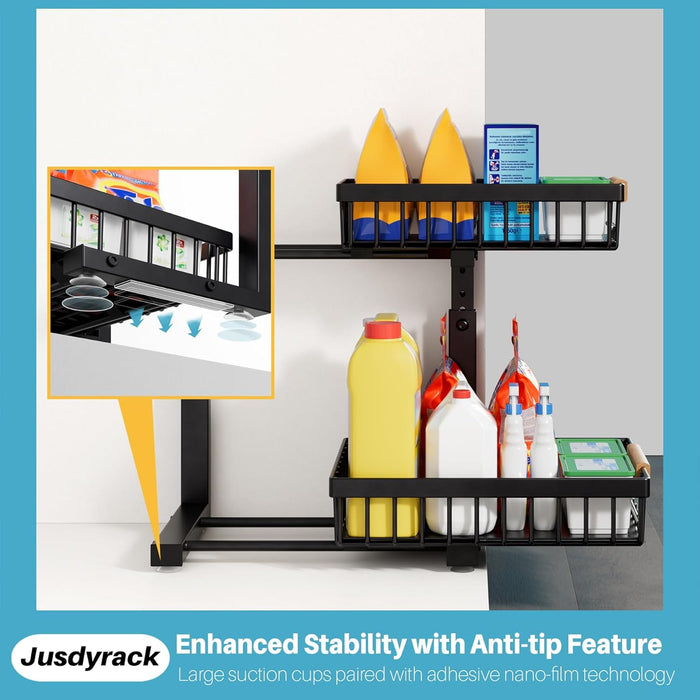 Under Sink Organizers and Storage,2 Packs 2 Tier Sliding Pull Out Cabinet Storage Shelf, Metal Drawer for Kitchen Bathroom Cabinet, Under Sink Organizer Organization Rack, Rust-Resistant Black