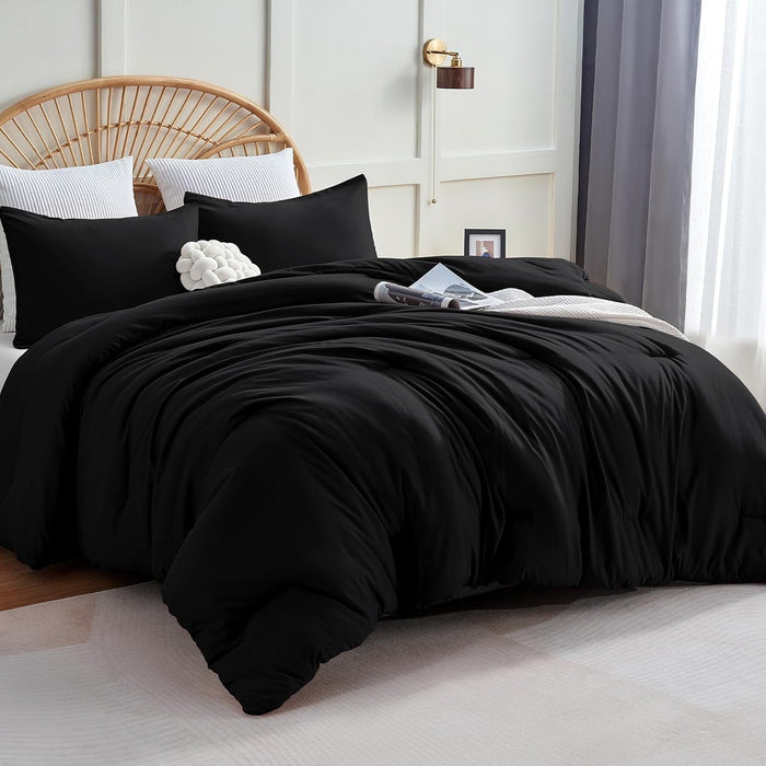 CozyLux California King Comforter Set Black, 3 Pieces Cal King Solid Breathable Quilted Bedding Sets, Cozy Luxury Fluffy Soft Bed Sets with Down Alternative Comforter and 2 Pillowcases for All Season