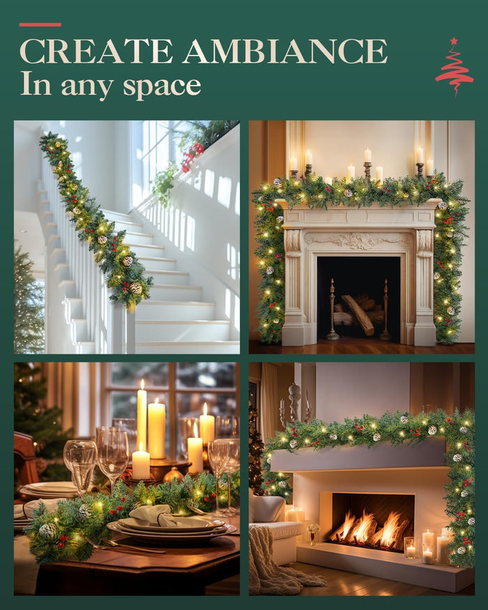 Prelit Christmas Garland, 9FT Lighted Christmas Garland Indoor with Red Berries & Pine Cone for Stairs Wall Door Outdoor Holiday Decor with Battery Operated Timer, Artificial Xmas Garland
