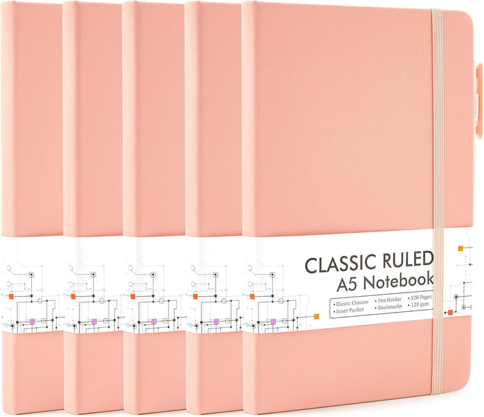 feela 5 Pack Notebooks Journals Bulk, Hardcover Classic Ruled Lined Journals with Pen Holder for Women Girls School Business Supplies, with 5 Black Pens, 120 GSM, 5.1”x8.3”, A5, Mild Colors