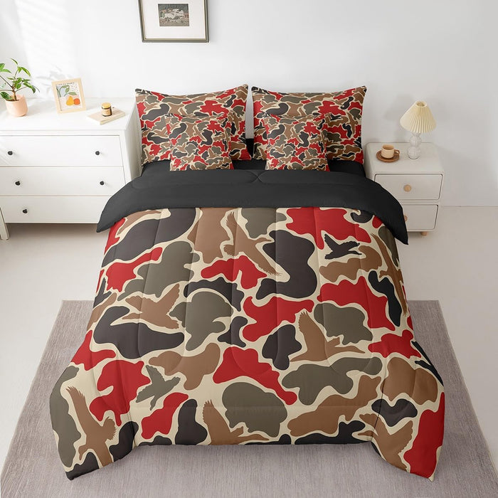 Feelyou Duck Hunter Green Camouflage Hunting 7 Pieces Bedding Set, Queen Size Black Brown All Season,Bed in a Bag with Comforter, Sheets, Pillowcases Camo Army Bed Set Breathable Wild Room Decor
