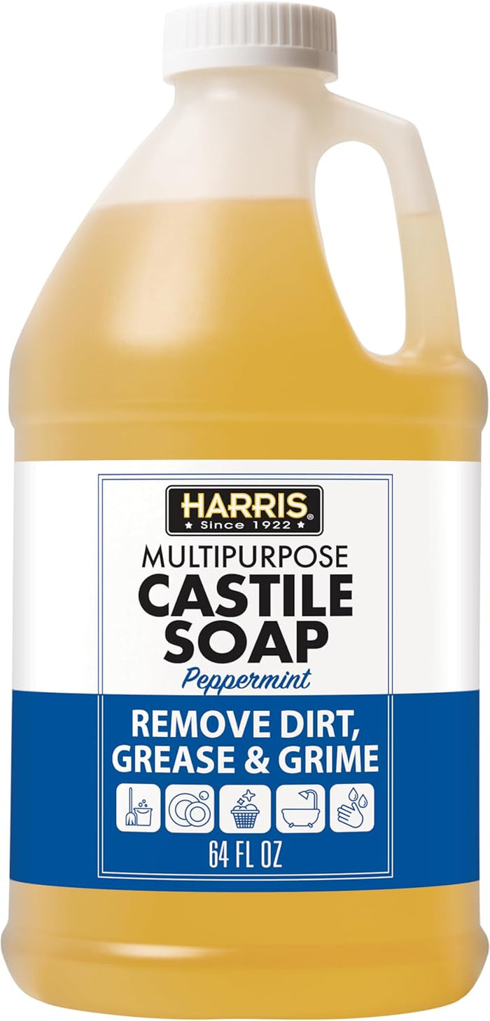 HARRIS Multi-Purpose Pure Castile Soap, Made with Olive, Coconut, and Pine Tree Oil, Uses for Face, Body, Hand, Hair, Home, Dishes, and Laundry, Peppermint, 32 Fl Oz