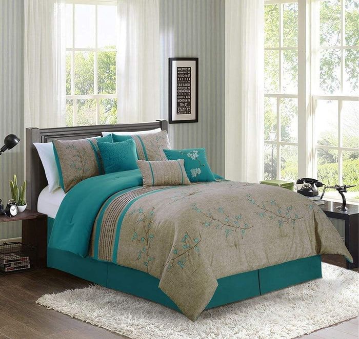 Chezmoi Collection Serene 7-Piece Luxury Autumn Floral Embroidery Comforter Set, Queen, Orange/Brown/Taupe
