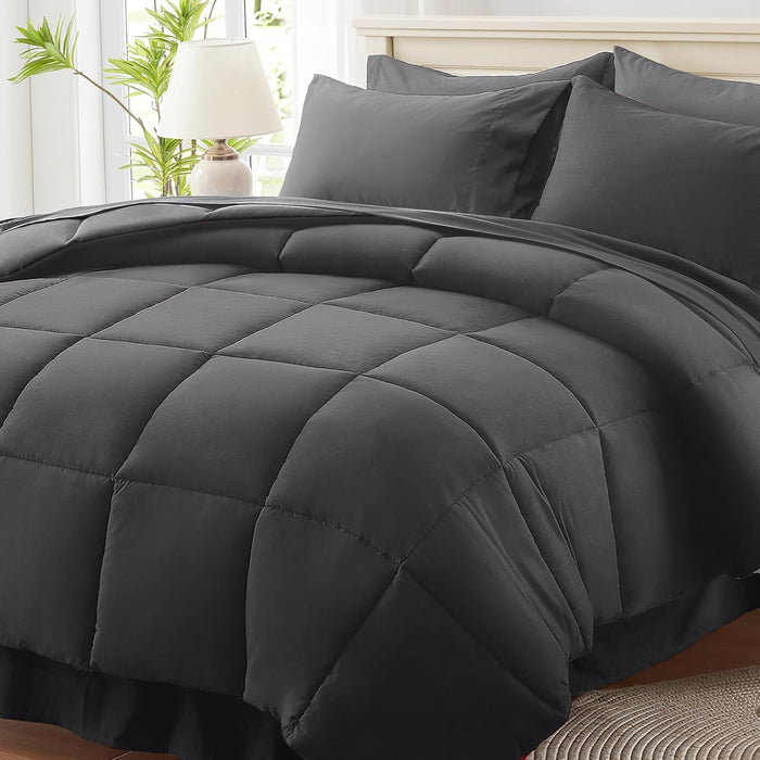 Anluoer Queen Comforter Set 7 Piece, Reversible Bed in a Bag Queen Size, Lightweight Bedding Set with 1 Comforter(88"*88"), 2 Pillow Shams, 2 Pillowcases, 1 Flat Sheet, 1 Fitted Sheet, Red & Black
