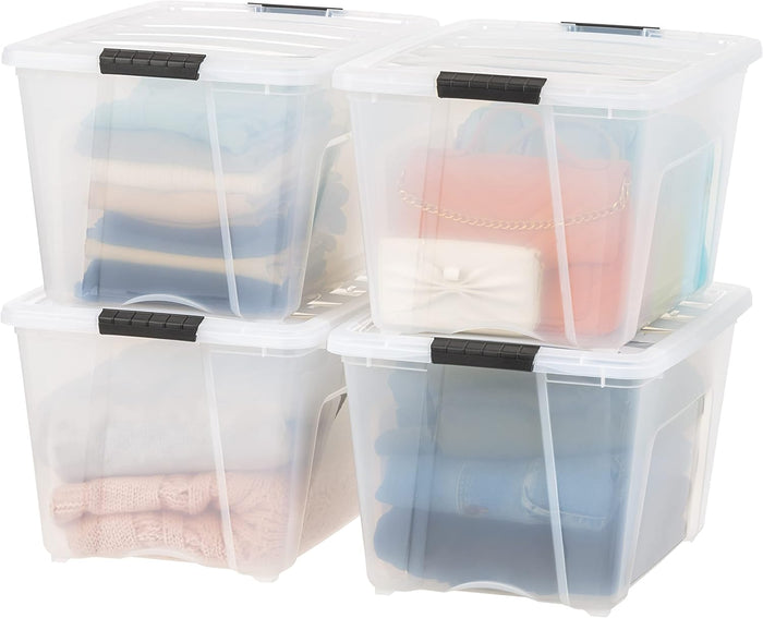 IRIS USA 4-Pack Storage Bins with Lids, 13 Quart, Made in USA Stackable See-Through Organizing Solution Latches Durable Nestable Containers Secure Pull Handle, BPA-Free Plastic