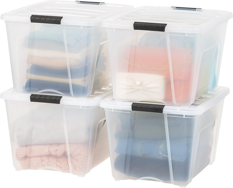 IRIS USA 4-Pack Storage Bins with Lids, 13 Quart, Made in USA Stackable See-Through Organizing Solution Latches Durable Nestable Containers Secure Pull Handle, BPA-Free Plastic
