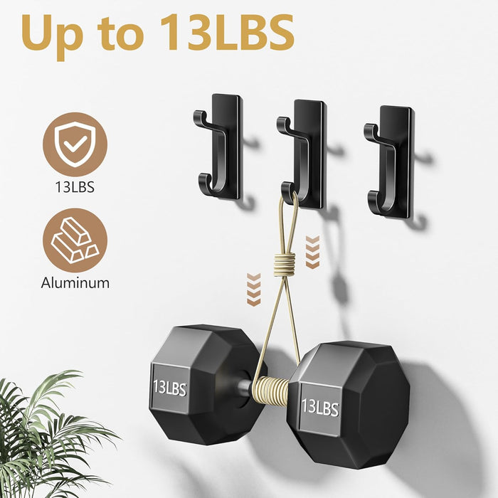 6 Pack Self Adhesive Wall Black Hooks - Sticky Hooks Wall Mount for Clothes, Towel, Robes, Keys, Purse, Backpack, Heavy Duty Hooks for Door Kitchen Bathroom Shower Rental Houses, Hold 13Lbs.