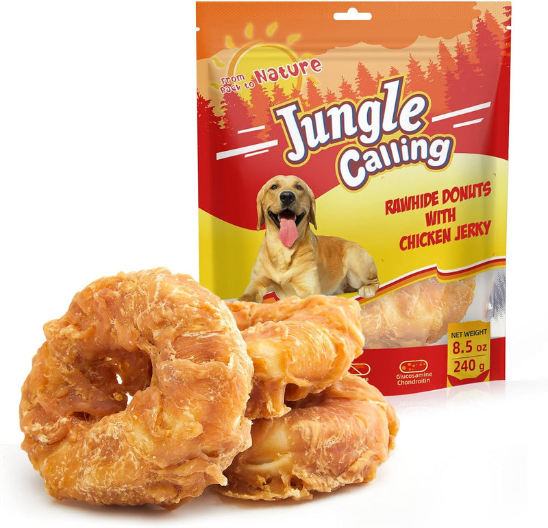 Jungle Calling Beef Tendons for Adult Dogs, Chicken Wrapped Tendons Dog Chews Long Lasting Hip and Joint Supplement for Dogs with Glucosamine (Ring)