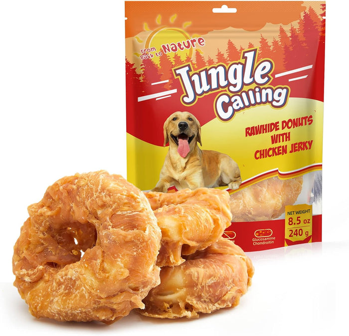 Jungle Calling Beef Tendons for Adult Dogs, Chicken Wrapped Tendons Dog Chews Long Lasting Hip and Joint Supplement for Dogs with Glucosamine (Ring)