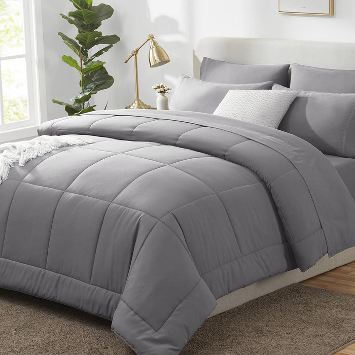 CozyLux Full Size Comforter Sets Grey, 7 Pieces Bed in a Bag, Gray Comforter Full Size, All Season Bedding Sets with Stitch Quilted Comforter, Flat Sheet, Fitted Sheet, Pillowcases