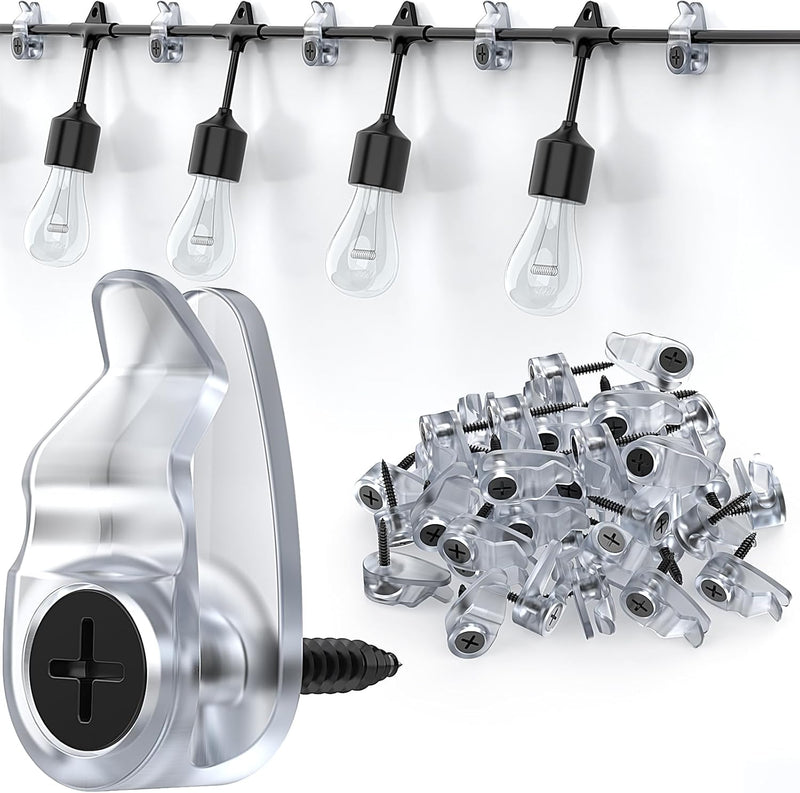 Outdoor String Lights Clips, Weatherproof Cable Hanger Hooks for Hanging Fairy Lights, Holiday Decor - Black, 50 Pack