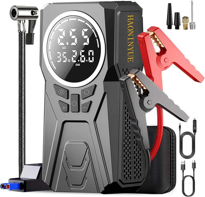 Jump Starter with Air Compressor,2500A car battery Jump starter,12V car booster jumper cable kit,Car Charger 150PSI portable tire inflator,battery charger,multi-function LED outdoor emergency lighting