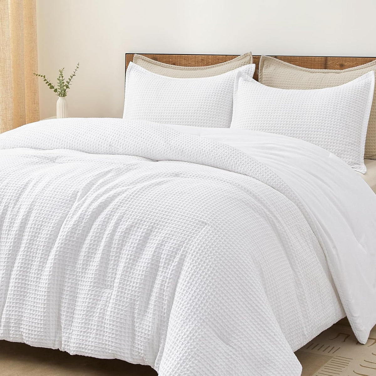 PHF Ultra Soft Waffle Weave Comforter Set Queen Size, 3 Pieces Lightweight Breathable Comfy Bedding Set, Comfy Textured 1 Comforter with 2 Pillow Shams, Black