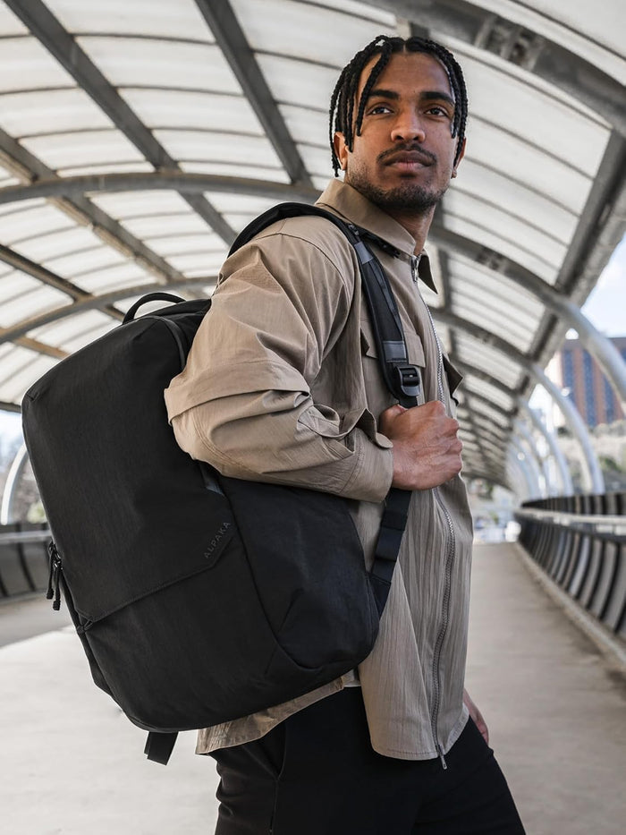 ALPAKA Elements Backpack Pro 24L - Black Laptop Backpack Fits 16'' Laptop with Dual Bottle Pockets, Travel Backpack for Men, Weather-Resistant 400D Axoflux Fabric for Business or College