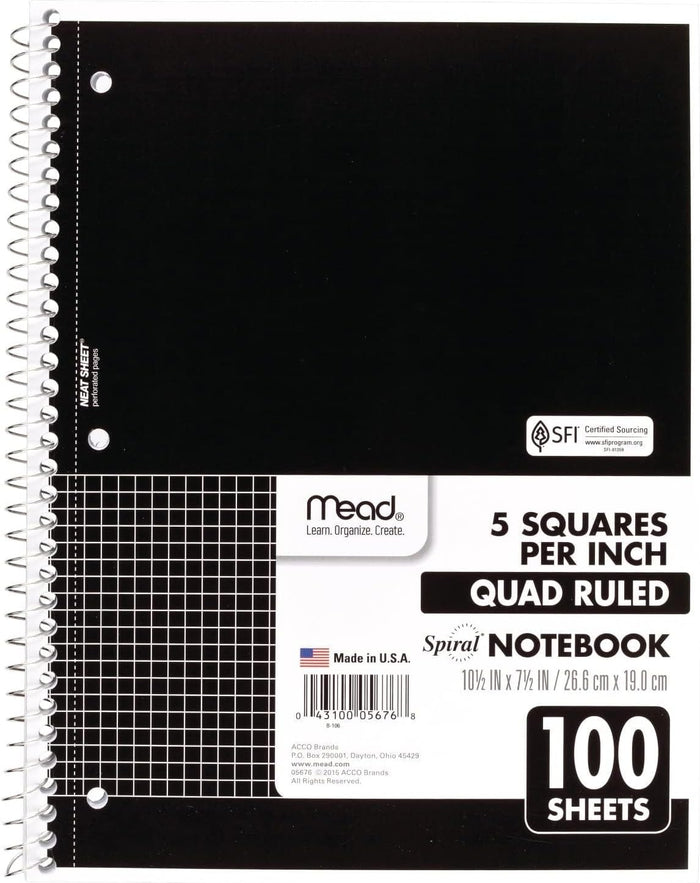 Mead Spiral Notebook, 1 Subject, Graph Ruled Paper, 7-1/2" x 10-1/2", 100 Sheets, Green (05676AC5)