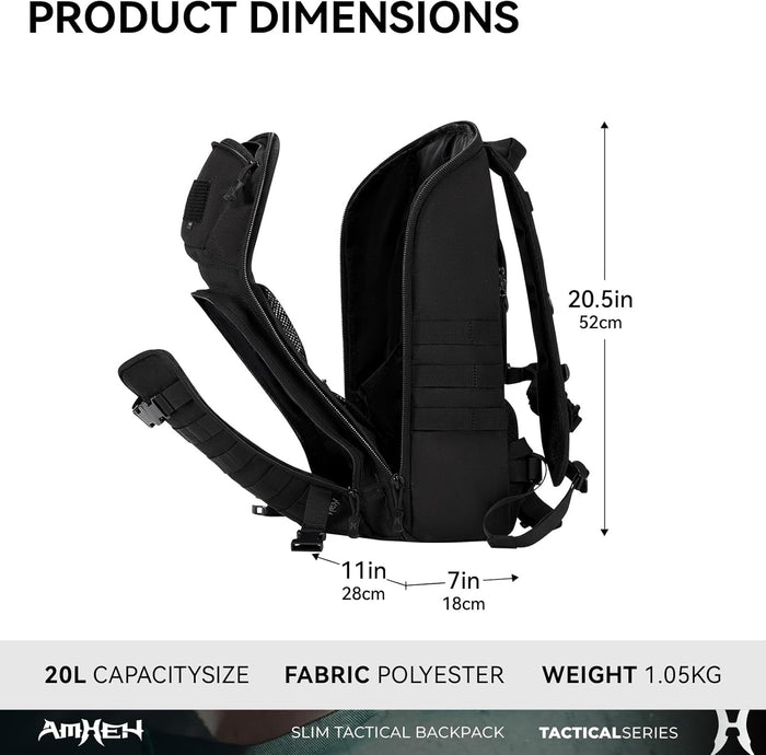 Tactical Backpack Military Slim Army Bag Molle Daypack 20L Outdoors Hiking Camping Travel EDC Pack with Multiple Pockets Waterproof for Men (Black)