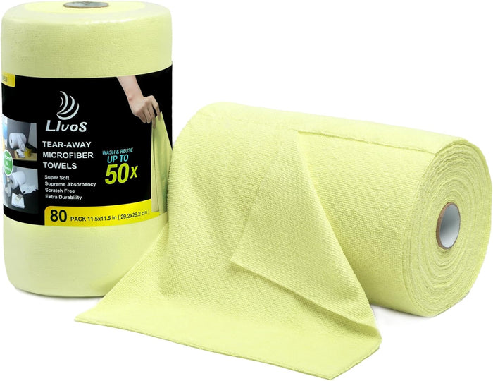 LIVOS Microfiber Cleaning Cloth Roll - 80 Pack, Reusable Paper Towels, Microfiber Towels for Cars, Super Absorbent Lint Free Cleaning Rags for House, Kitchen, Window-Light Purple, 11.5"x11.5"