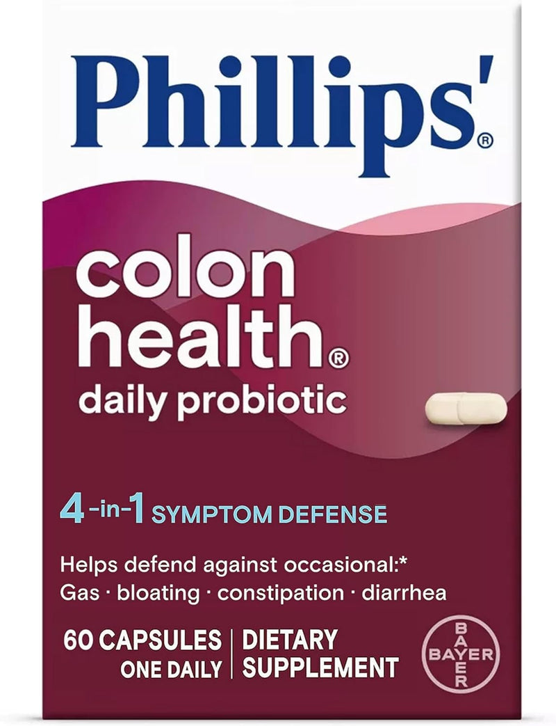Phillips' Colon Health Daily Probiotic Capsules, 4-in-1 Symptom Defense to Help Defend Against Occasional Gas, Bloating, Constipation, and Diarrhea, Daily Supplement, 90 Count