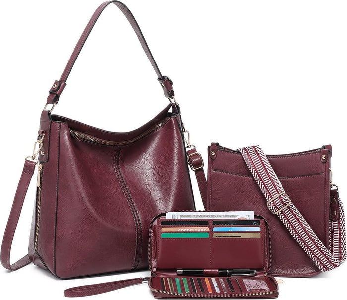 Purses for Women 3PCS, Crossbody Bags Set Large Leather Purse Shoulder Handbags with Wallet Adjustable Straps for Ladies Tote