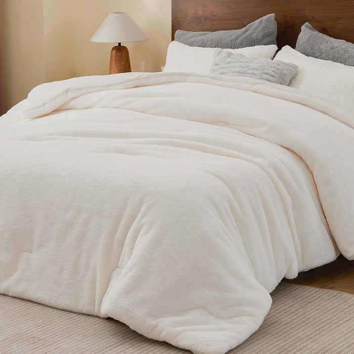 BEDELITE Faux Fur Fleece Queen Comforter Set - Fluffy & Warm Cream White Comforter Queen Size，Ultra Soft and Cozy Winter Bedding Set,Fuzzy Thick Bed Set,1 Comforter and 2 Pillowcases