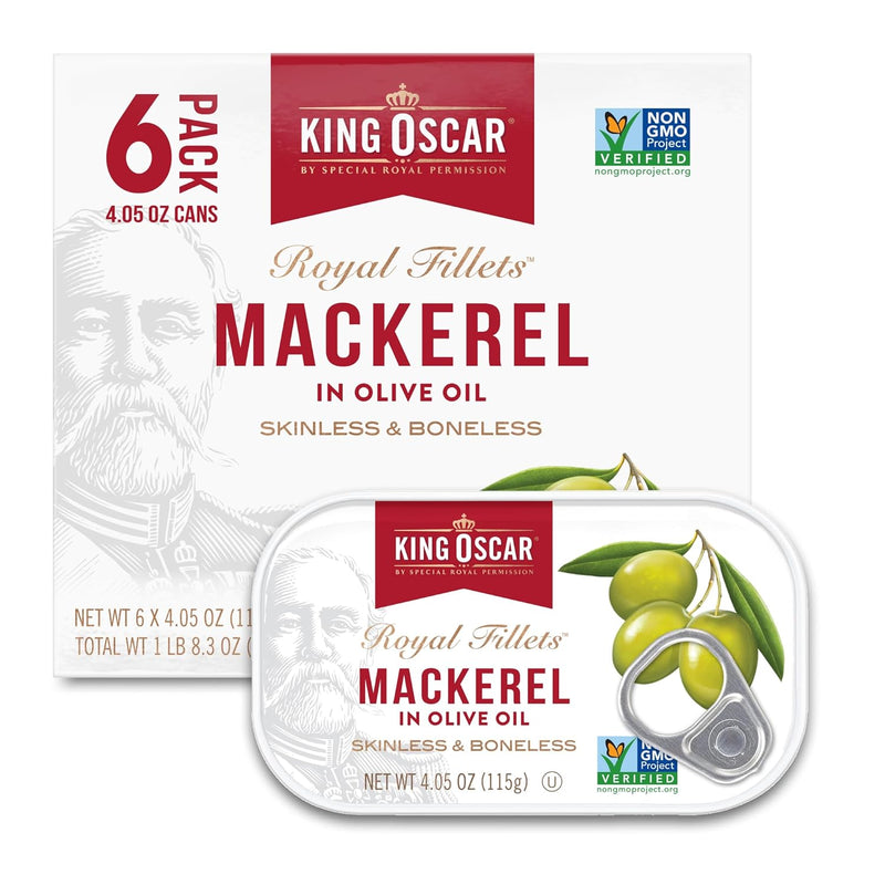 King Oscar Skinless & Boneless Mackerel Variety Pack, 4.05 Ounce Cans (Pack of 6), Skinless & Boneless, Wild Caught Canned Mackerel