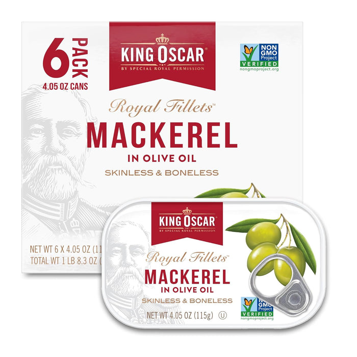 King Oscar Skinless & Boneless Mackerel Variety Pack, 4.05 Ounce Cans (Pack of 6), Skinless & Boneless, Wild Caught Canned Mackerel