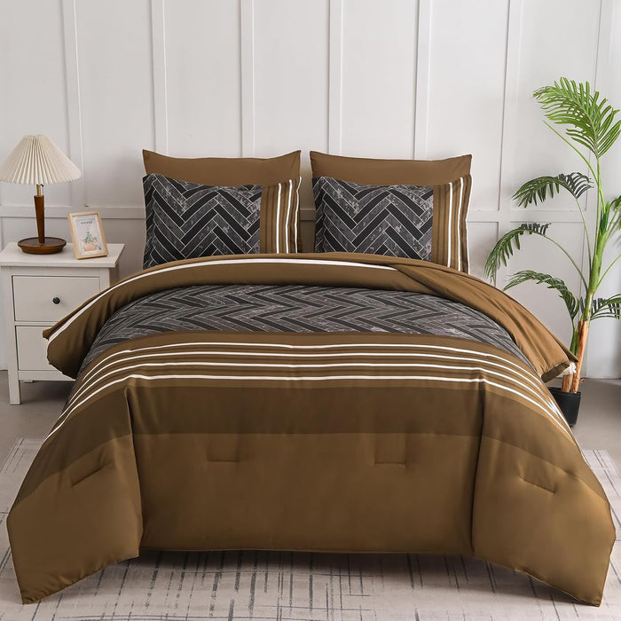 Luxudecor Burgundy Comforter Set Queen Size 7 Pieces Red and Black Stripe Bed in a Bag Geometric Comforter and Sheet Set, Soft Microfiber Complete Bedding Sets for All Seasons