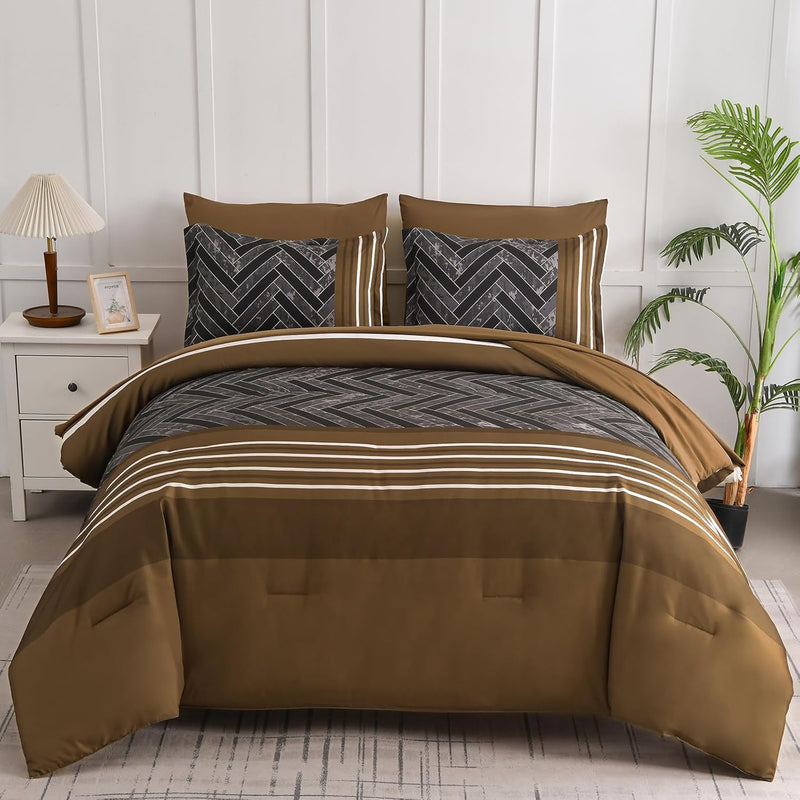Luxudecor Burgundy Comforter Set Queen Size 7 Pieces Red and Black Stripe Bed in a Bag Geometric Comforter and Sheet Set, Soft Microfiber Complete Bedding Sets for All Seasons