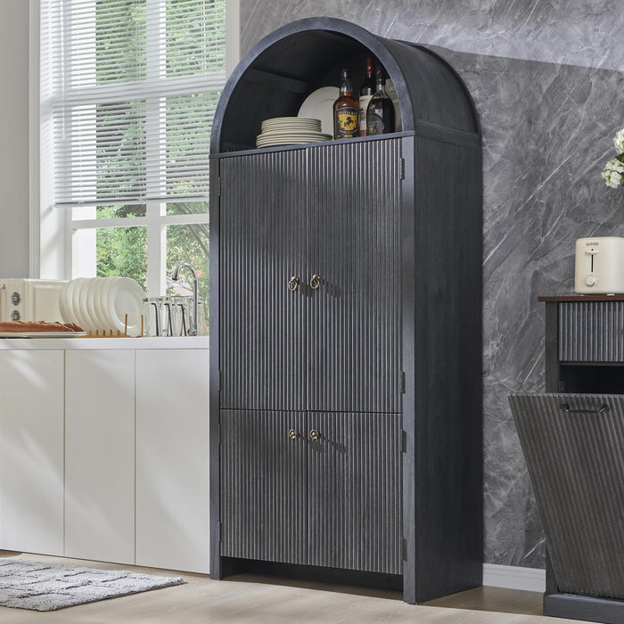 71" Tall Arched Kitchen Pantry, Modern Fluted Wood Storage Cabinet with Doors, 3 Adjustable Shelves, 6 Door Shelves, Organizer, Versatile Cupboard for Kitchen, Bathroom, Natural