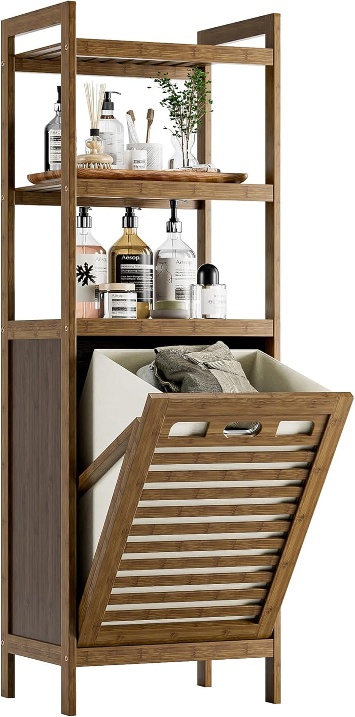 HITNET Tilt Out Laundry Hamper, Bamboo Bathroom Cabinet with Pull Out Removable Bag and 3 Tier Storage Shelves, 8.5 Gallon Clothes Basket with Metal Handle, Black