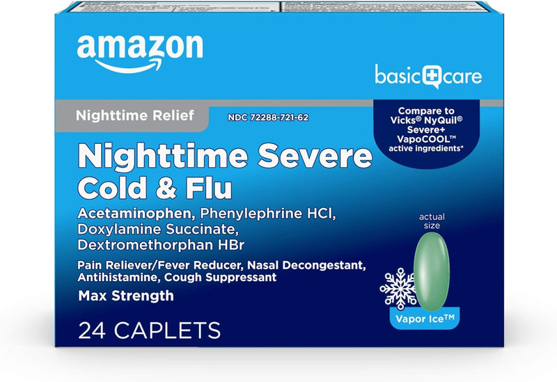 Amazon Basic Care Vapor Ice Day and Night Severe Cold and Flu Relief Caplets, Maximum Strength Medicine, Combo Pack, 48 Count