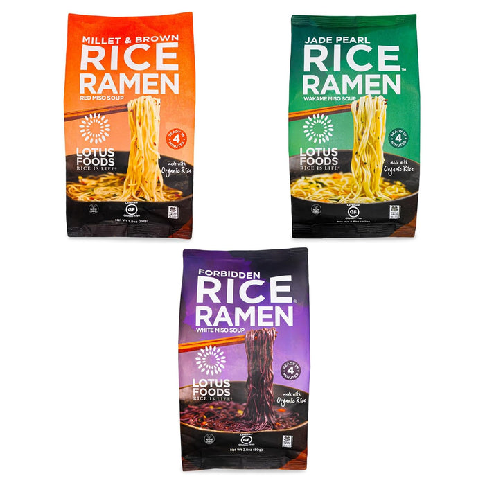 Lotus Foods Bulk Food Organic Millet & Brown Rice Ramen Noodles with Red Miso Soup, Gluten-Free Easy to Cook & Healthy Japanese Noodles with Instant Gourmet Broth, 2.8 Oz (Pack of 10)