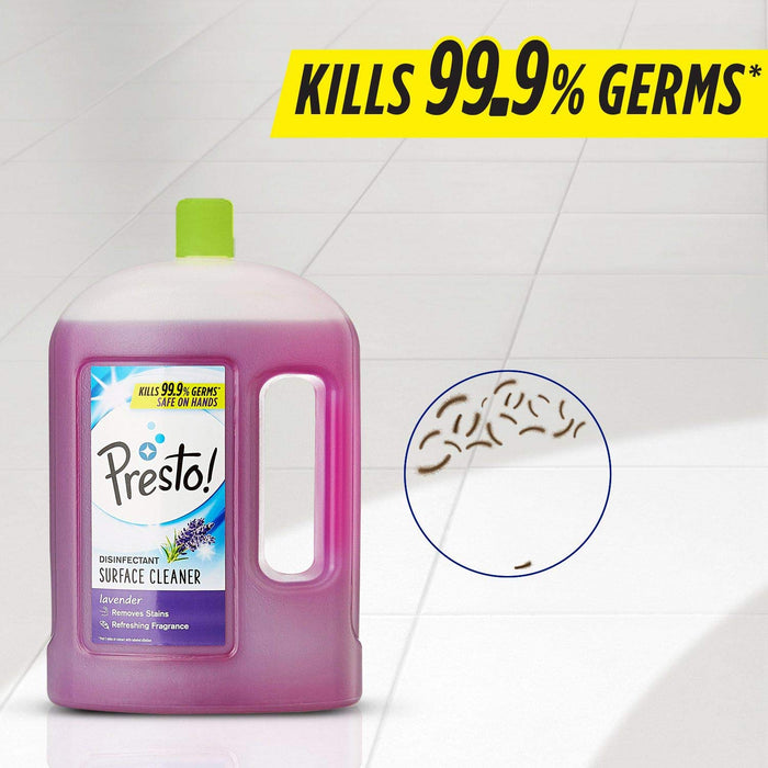 Amazon Brand - Presto! Disinfectant Surface & Floor Cleaner Liquid | Lavendar | 2 Litre | 1 Can | Kills 99.9% Germs | Removes Stains | Safe On Hands