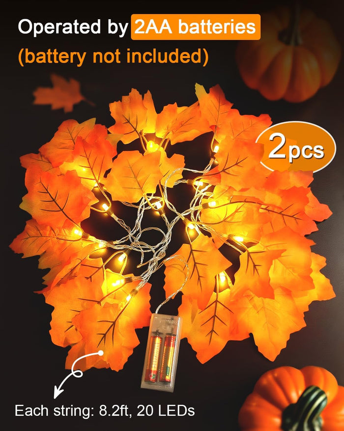 Fall Decor [2 Pack] Lighted Fall Garland, Total 16.4ft 40 LED Thanksgiving Decorations Halloween String Lights, Friendsgiving Gift Thanksgiving Decor for Home Holiday Autumn Garland Indoor