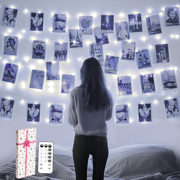 Photo String Lights with Clips for Hanging: 33Ft 100LED & Timer Fairy Light with 50 Clear Clip for Picture Display - Indoor Bedroom Room Dorm Wall Decor - Christmas Party Wedding Romantic Lighting