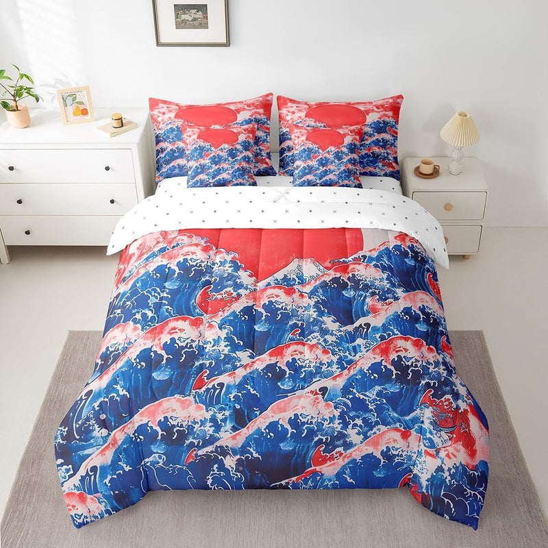Feelyou Japanese Wave Bed Set Boys Girls for Kids Women Men Twin Size Ocean Wave 7 Pieces Beeding Set Ultra Soft Sunset Bed in a Bag with Comforter, Sheets, Pillowcases Sea Waves Room Decor Bird