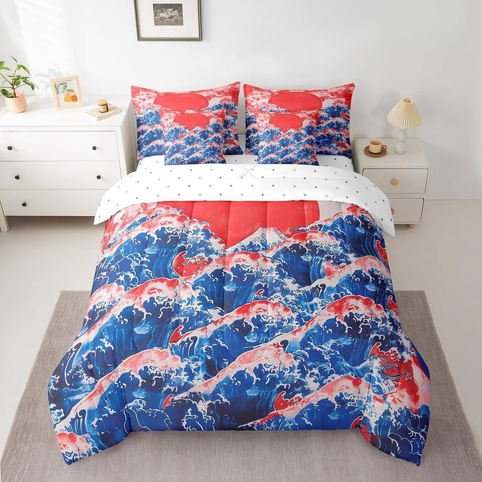 Feelyou Japanese Wave Bed Set Boys Girls for Kids Women Men Twin Size Ocean Wave 7 Pieces Beeding Set Ultra Soft Sunset Bed in a Bag with Comforter, Sheets, Pillowcases Sea Waves Room Decor Bird