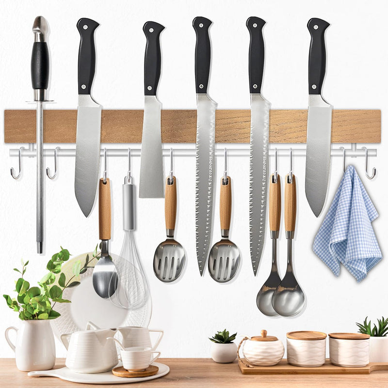 Dmore magnetic knife holder for wall—with 10 hooks, No Drilling 17 Inch black knife magnetic strip, Extra Strong Magnet knife rack, include Adhesive Tape and screws for Knives and Tools