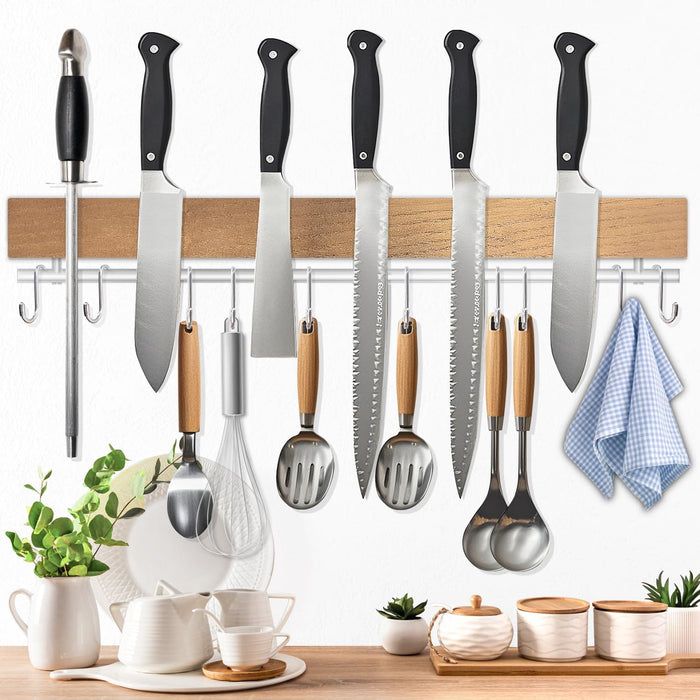 Dmore magnetic knife holder for wall—with 10 hooks, No Drilling 17 Inch black knife magnetic strip, Extra Strong Magnet knife rack, include Adhesive Tape and screws for Knives and Tools