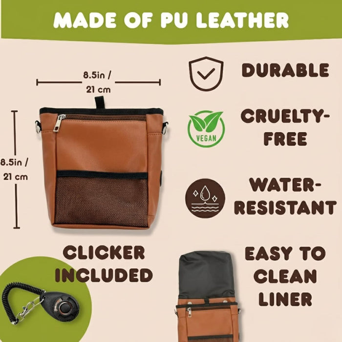 Large Dog Treat Pouch PU Leather with Clicker, Magnetic Clasp, Fits All Phones, 4 Cups, Hands-Free Pouches for Dog Training Treat Pouch, Built in Poop Bag Holder
