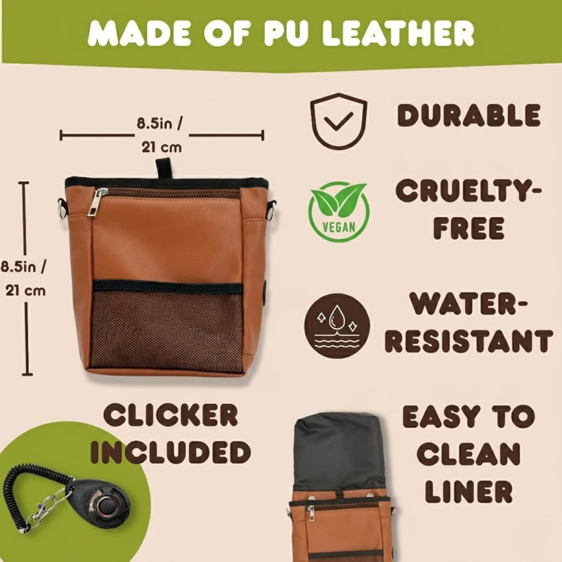 Large Dog Treat Pouch PU Leather with Clicker, Magnetic Clasp, Fits All Phones, 4 Cups, Hands-Free Pouches for Dog Training Treat Pouch, Built in Poop Bag Holder